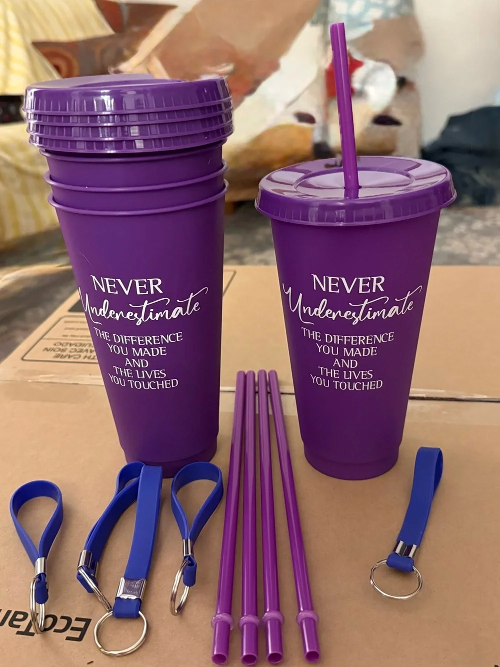Set of 45 inspirational Travel Tumblers with Straws and Keyring Bands